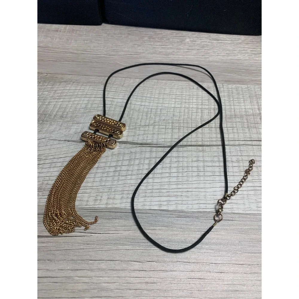 Gold Tone Textured Bar Multi Chain Tassel Black Cord Long Necklace 36 Inch
